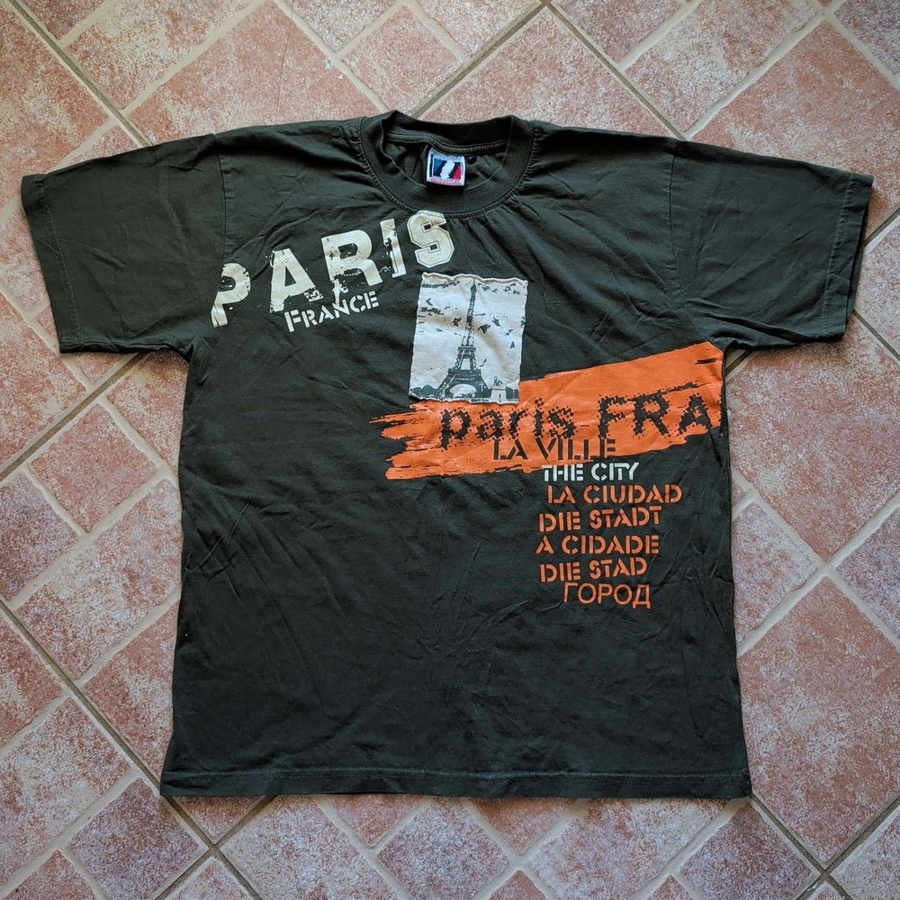 Produit Original Graphic Tee Mens L Olive Green Paris France Eiffel Tower Shirt